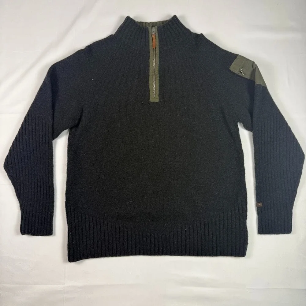 Columbia 1/4 Zip Wool Blend Sweater Mens Large Black Mock Neck Shoulder Pocket